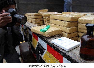 Lima, Peru - August 12, 2012: Seizure Of Drug Or Cocaine Cargo In A Truck With International Destination. Packages Filled With Cocaine And The Fight Against Drug Trafficking.