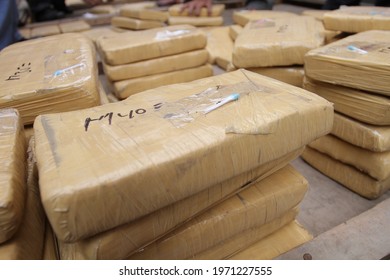 Lima, Peru - August 12, 2012: Seizure Of Drug Or Cocaine Cargo In A Truck With International Destination. Packages Filled With Cocaine And The Fight Against Drug Trafficking.