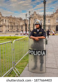 LIma, Peru - Dec 2019: Armed Riot Police On The Streets Of Lima. Policia. South America.