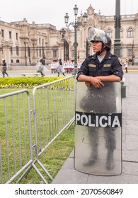 LIma, Peru - Dec 2019: Armed Riot Police On The Streets Of Lima. Policia. South America.