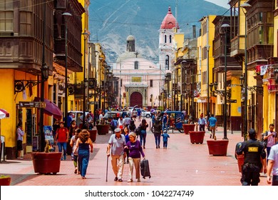 Lima, Peru - February 2, 2018: Daily image of passers-by strolling through the streets of Rimac, in the metropolitan area of Lima, Peru