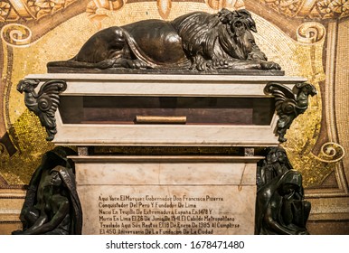 Lima, Peru - July 17 2010: Grave Of Conquistador Francisco Pizarro In The Cathedral Of Lima With A Lion Sculpture.