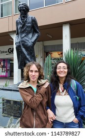 Lima Peru, July 2018: Tourist Photographs Are Taken Next To The Monument To César Vallejo, A Peruvian Poet Recognized Worldwide, In The Central Streets Of Lima, Peru.