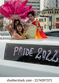 LIMA, PERU - JUNE 25, 2022: Photo Of A Group Posing In Their Limousine At Lima's Marcha Del Orgullo, The City's Annual Pride March Event.