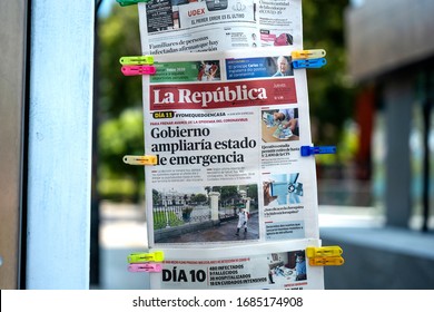 Lima, Peru - March 26 2020: Headlines Of Peruvian Newspaper 