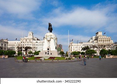 LIMA, PERU - MAY 10, 2015: Monument To Jose De San Martin On The Plaza San Martin In Lima, Peru.