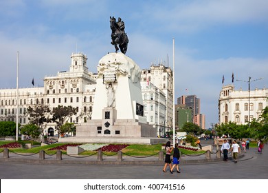 LIMA, PERU - MAY 10, 2015: Monument To Jose De San Martin On The Plaza San Martin In Lima, Peru