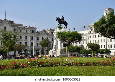 Lima, Peru - May 21, 2019: Plaza San Martín In The Historic City Center, With The Monument To José De San Martín.