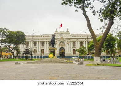 LIMA, PERU, MAY 24, 2014: Congress Palace Of The Republic Of Peru. The Statue Shows The Libertador Simon Bolivar On His Horse.