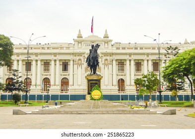 LIMA, PERU, MAY 24, 2014: Congress Palace Of The Republic Of Peru. The Statue Shows The Liberator Simon Bolivar On His Horse.