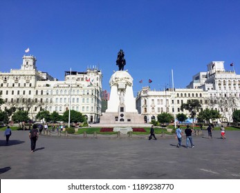 Lima, Peru - May 2nd, 2016: A Busy Scene Of Tourists Admiring The Plaza San Martín And Locals Headed To Work, In Beautiful Lima, Peru.