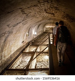 Lima, Peru - Nov 19, 2019: The underground catacombs of the San Francisco Convent