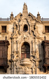 Lima, Peru - October 11, 2018: Detail Of The Archbishop's Palace Of Lima In Peru In Spanish Colonial Revival Architecture Style
