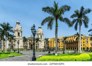 Lima Peru. Plaza de Armas (Plaza Mayor) in the historic centre (Centro Historico), looking towards the Cathedral, Lima, Peru, South America