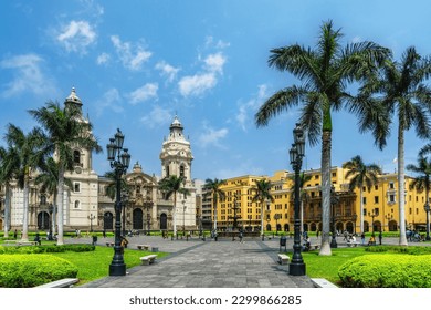 Lima Peru. Plaza de Armas (Plaza Mayor) in the historic centre (Centro Historico), looking towards the Cathedral, Lima, Peru, South America