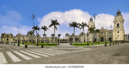 Lima, Peru – September 20, 2022 :  Basilica Metropolitan Cathedral of Lima, Archbishop Place and Government Palace, Plaza de Armas, Lima, Peru