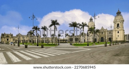 Lima, Peru – September 20, 2022 :  Basilica Metropolitan Cathedral of Lima, Archbishop Place and Government Palace, Plaza de Armas, Lima, Peru