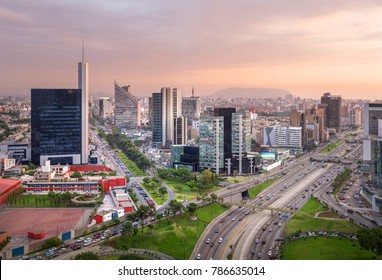 Lima, Peru: View Of San Isidro  At Sunset.