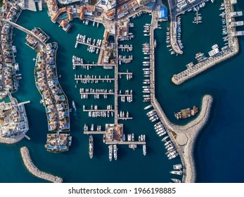 Limassol, Cyprus - 05 01 2021: Limassol Marina Drone aerial top down bird eye view