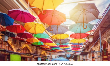 Limassol, Cyprus - 10.10.2019: Umbrellas In Limassol Center Street