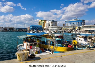 Limassol, Cyprus, December 21st, 2021: Fishing boats in the Old port