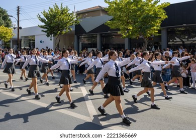 Limassol, Cyprus, October 28th, 2022: Female High School Students Marching In Unison On Ohi Day Parade 