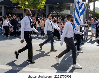 Limassol, Cyprus, October 28th, 2022: Group Of Male High School Students Taking Part In Ohi Day Parade 