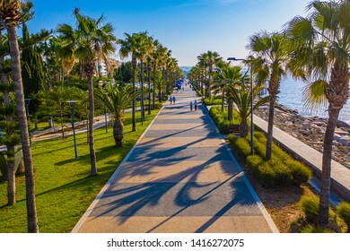 Limassol. Cyprus. Promenade seafront Molos. Walking path in the Park Molos. The Mediterranean sea coast. The Cyprus beaches. Vacation in Cyprus. alley with palm trees.