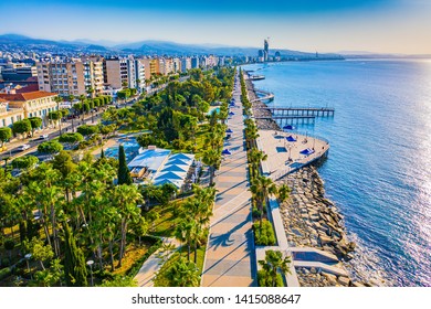 Limassol. Cyprus. The seafront of Limassol Molos bay panorama by drone. Hotels on Limassol waterfront from a height. Mediterranean. Cyprus beaches. Hotel vacation on the coast of Cyprus.
