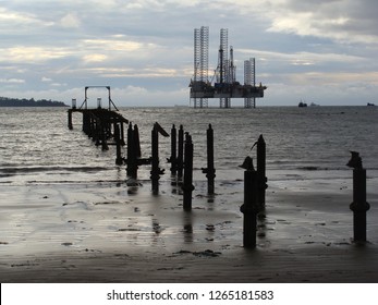 Limbe / Cameroon - October 13 2009: The oil platform as seen from the city beach of Limbe, Cameroon.