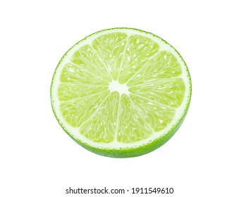 Lime cut piece isolated on a white background with clipping path, element of packaging design. Full depth of field.