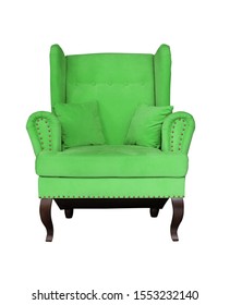 Lime Green Chair With Pillows On White Background. Upholstered Furniture For The Living Room. Lime Green Armchair Isolated