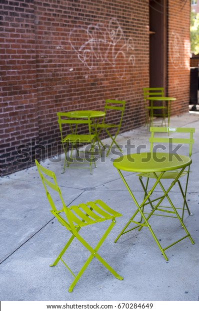 Lime Green Chairs Tables Red Brick Backgrounds Textures
