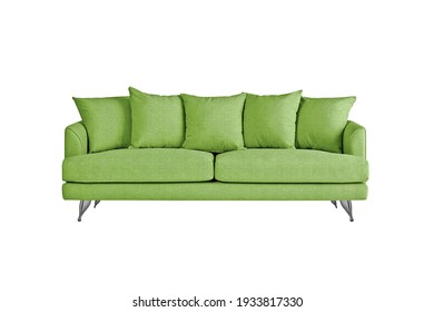 Lime Green Fabric Sofa On Brushed Metal Legs With Pillows Isolated On White Background. Series Of Furniture