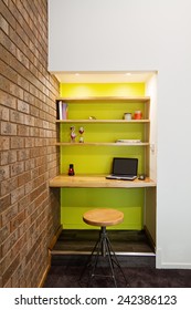 Lime Green Feature Wall Study Nook In Contemporary Living Room