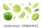 Lime has water drop with slices and flower texture isolated on white background , Clipping path.