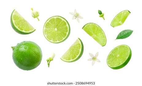 Lime has water drop with slices and flower texture isolated on white background , Clipping path.