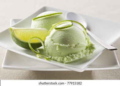 Lime ice cream on a plate close up shoot