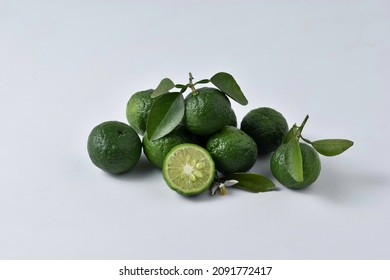 Lime Or Jeruk Limau Is A Seasoning For Chilli Paste An Indonesian Food. Catalog Concept On White Background
