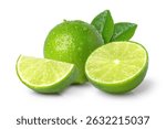 Lime with leaf and half sliced isolated on white background.