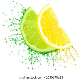 Lime And Lemon Juice Splash Isolated On White