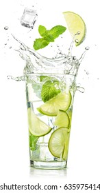 Lime And Mint Falling Into A Cocktail Splashing 