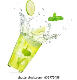 Lime And Mint Falling Into A Splashing Mojito Cocktail