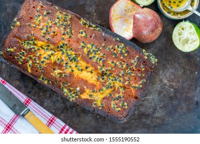 Lime And Passion Fruit Drizzle Cake - Overhead View