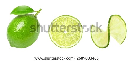 Lime with lime slice isolated on white background.