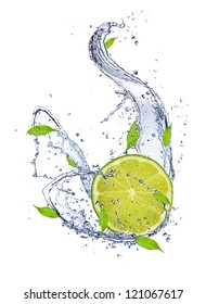 Lime In Water Splash, Isolated On White Background