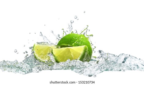 Lime And Water Splash. Isolated On White 