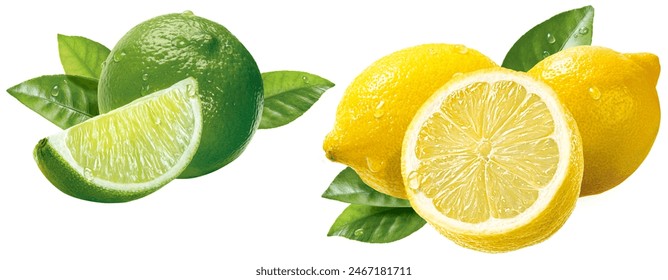 Lime with wedge and lemon with half, and leaves - Powered by Shutterstock