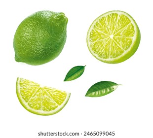 Lime whole, chopped and wedged, leaves