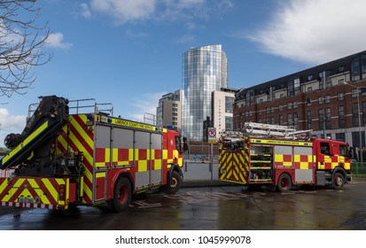 Limerick  City, Ireland -  7th March, 2018: Two Fire Department Fire Engine Trucks Parked In Downtown Limerick City, Ireland